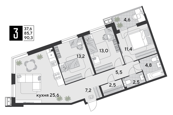 
  Продается 3-комн. квартира 91.2 м². Фото 1.