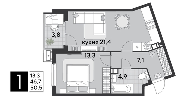 
  Продается 1-комн. квартира 50.5 м². Фото 1.