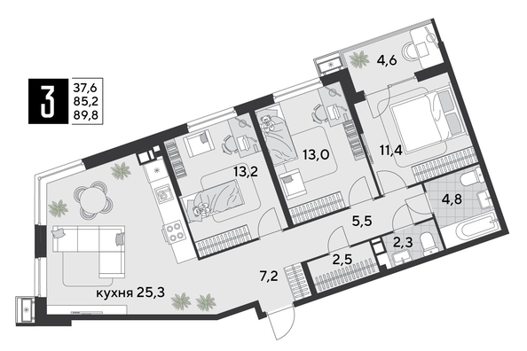 
  Продается 3-комн. квартира 89.9 м². Фото 1.