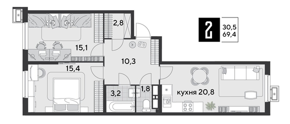 
  Продается 2-комн. квартира 69.4 м². Фото 1.