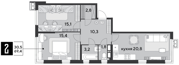 
  Продается 2-комн. квартира 69.4 м². Фото 1.