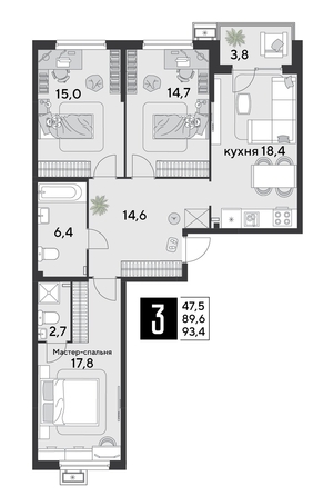 
  Продается 3-комн. квартира 93.7 м², в ЖК Парк Победы 2, литера 20. Фото 1.