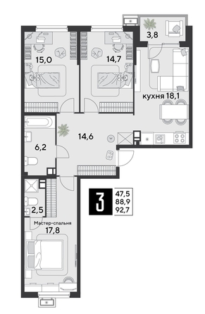 
  Продается 3-комн. квартира 93.2 м², в ЖК Парк Победы 2, литера 20. Фото 1.