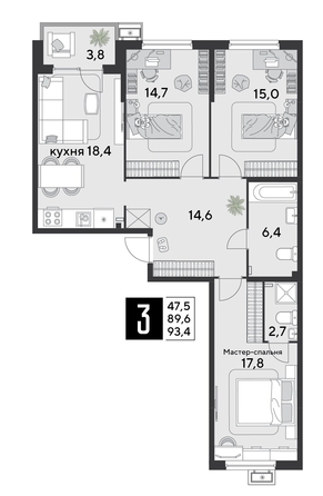 
  Продается 3-комн. квартира 93.4 м², в ЖК Парк Победы 2, литера 20. Фото 1.