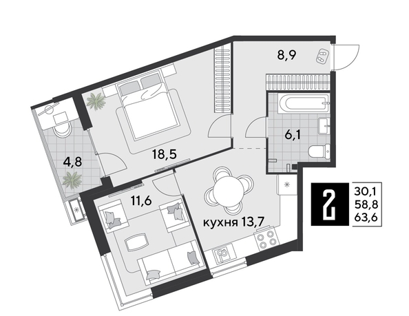 
  Продается 2-комн. квартира 64.1 м², в ЖК Парк Победы 2, литера 21. Фото 1.