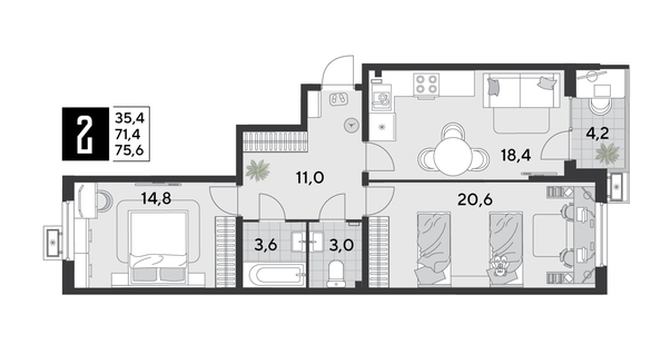 
  Продается 2-комн. квартира 75.6 м², в ЖК Парк Победы 2, литера 21. Фото 1.