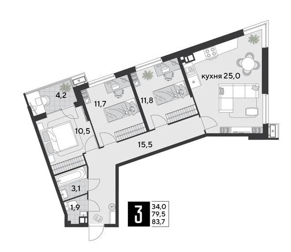 
  Продается 3-комн. квартира 84 м², в ЖК Парк Победы 2, литера 21. Фото 1.