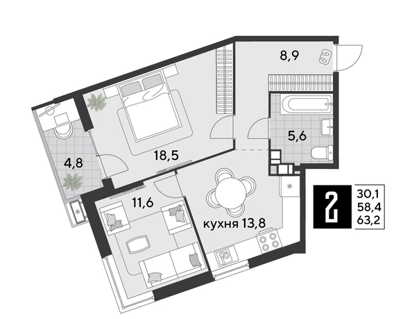 
  Продается 2-комн. квартира 63.2 м², в ЖК Парк Победы 2, литера 21. Фото 1.