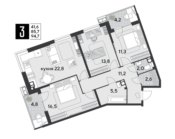 
  Продается 3-комн. квартира 95.2 м², в ЖК Парк Победы 2, литера 21. Фото 1.