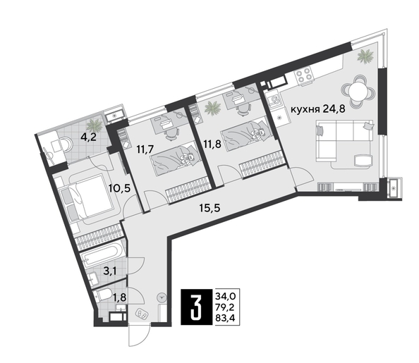 
  Продается 3-комн. квартира 83.4 м², в ЖК Парк Победы 2, литера 21. Фото 1.