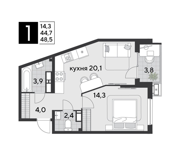 
  Продается 1-комн. квартира 49.1 м², в ЖК Парк Победы 2, литера 21. Фото 1.
