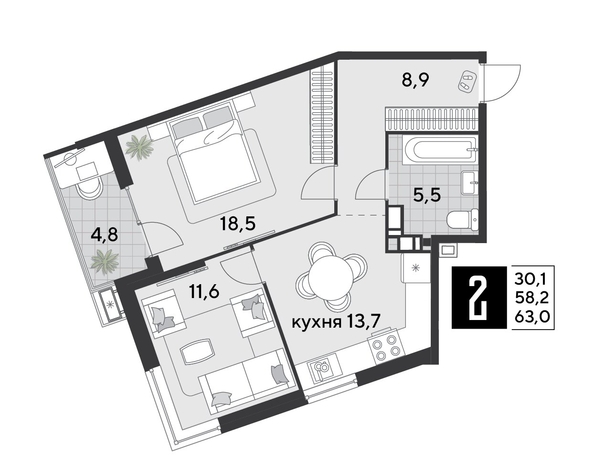 
  Продается 2-комн. квартира 63.4 м², в ЖК Парк Победы 2, литера 21. Фото 1.