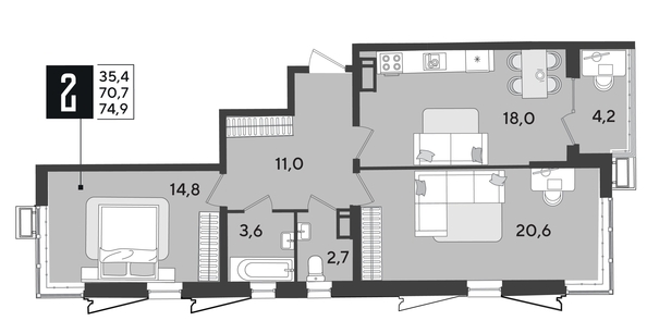 
  Продается 2-комн. квартира 76 м², в ЖК Парк Победы 2, литера 21. Фото 1.