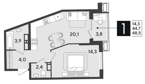 
  Продается 1-комн. квартира 49.4 м², в ЖК Парк Победы 2, литера 21. Фото 1.