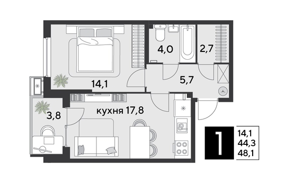 
  Продается 1-комн. квартира 48.4 м², в ЖК Парк Победы 2, литера 21. Фото 1.