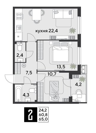 
  Продается 2-комн. квартира 65.3 м², в ЖК Парк Победы 2, литера 21. Фото 1.