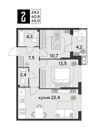 
  Продается 2-комн. квартира 65 м², в ЖК Парк Победы 2, литера 21. Фото 1.