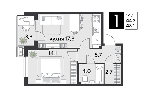 
  Продается 1-комн. квартира 48.7 м², в ЖК Парк Победы 2, литера 21. Фото 1.