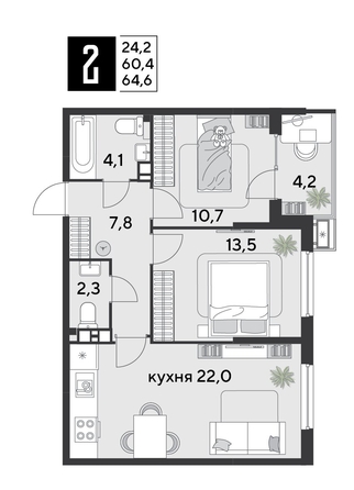 
  Продается 2-комн. квартира 64.9 м², в ЖК Парк Победы 2, литера 21. Фото 1.