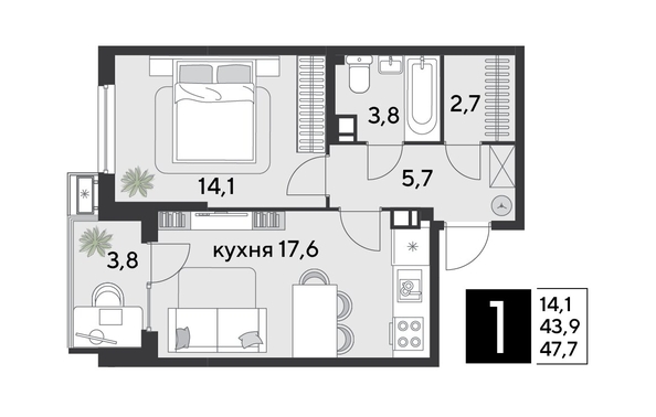 
  Продается 1-комн. квартира 47.9 м², в ЖК Парк Победы 2, литера 21. Фото 1.