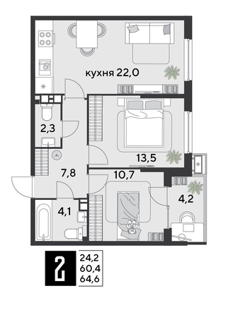 
  Продается 2-комн. квартира 64.9 м², в ЖК Парк Победы 2, литера 21. Фото 1.