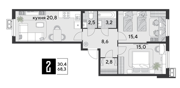 
  Продается 2-комн. квартира 68.3 м², в ЖК Парк Победы 2, литера 21. Фото 1.