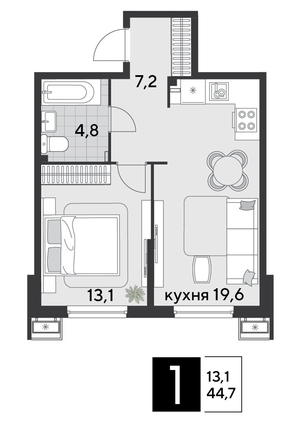 
  Продается 1-комн. квартира 44.7 м², в ЖК Парк Победы 2, литера 21. Фото 1.