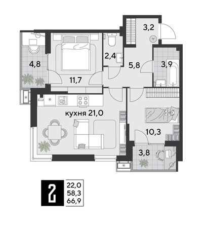 
  Продается 2-комн. квартира 67.6 м², в ЖК Парк Победы 2, литера 21. Фото 1.