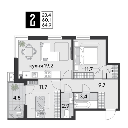 
  Продается 2-комн. квартира 64.9 м², в ЖК Парк Победы 2, литера 21. Фото 1.