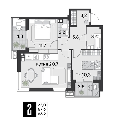 
  Продается 2-комн. квартира 67 м², в ЖК Парк Победы 2, литера 21. Фото 1.