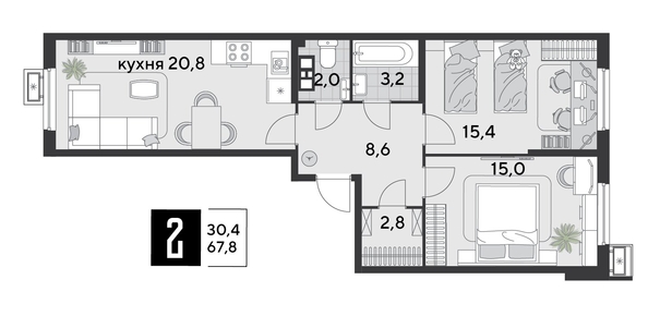 
  Продается 2-комн. квартира 67.8 м², в ЖК Парк Победы 2, литера 21. Фото 1.