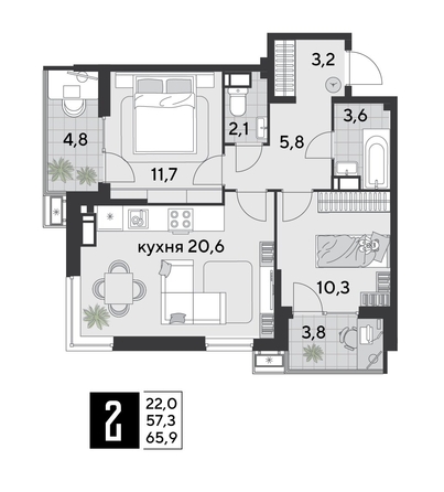 
  Продается 2-комн. квартира 66.3 м², в ЖК Парк Победы 2, литера 21. Фото 1.