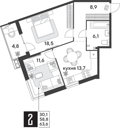 
  Продается 2-комн. квартира 63.7 м², в ЖК Парк Победы 2, литера 28. Фото 1.