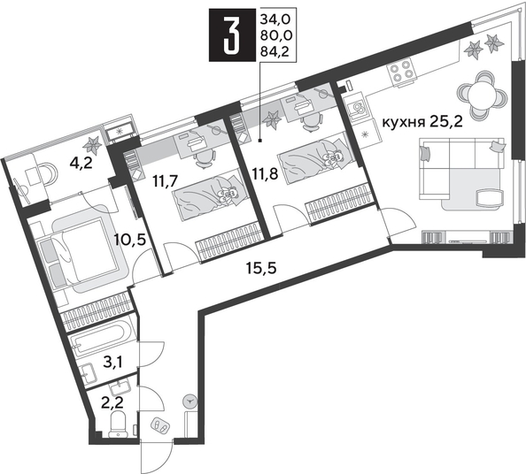 
  Продается 3-комн. квартира 84.2 м², в ЖК Парк Победы 2, литера 28. Фото 1.