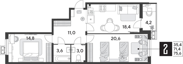 
  Продается 2-комн. квартира 75.6 м², в ЖК Парк Победы 2, литера 28. Фото 1.