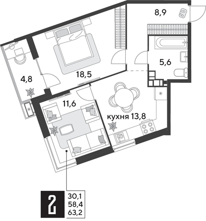 
  Продается 2-комн. квартира 63.3 м², в ЖК Парк Победы 2, литера 28. Фото 1.