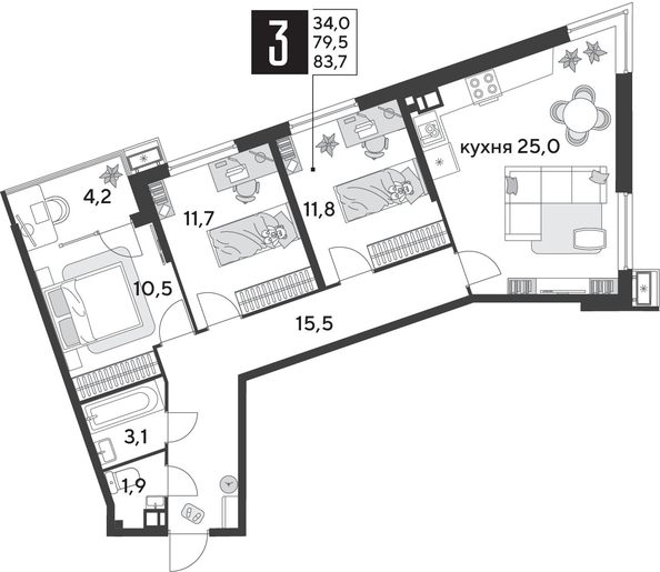 
  Продается 3-комн. квартира 83.8 м², в ЖК Парк Победы 2, литера 28. Фото 1.