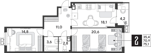 
  Продается 2-комн. квартира 75.1 м², в ЖК Парк Победы 2, литера 28. Фото 1.