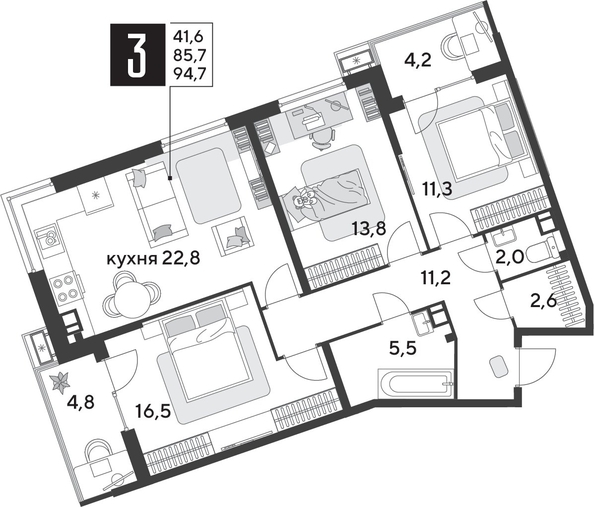 
  Продается 3-комн. квартира 95.4 м², в ЖК Парк Победы 2, литера 28. Фото 1.