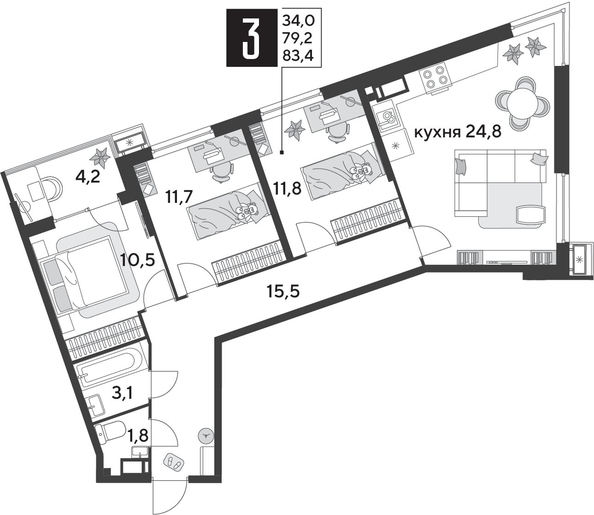 
  Продается 3-комн. квартира 83.4 м², в ЖК Парк Победы 2, литера 28. Фото 1.