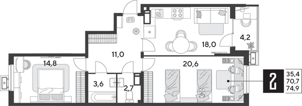 
  Продается 2-комн. квартира 74.9 м², в ЖК Парк Победы 2, литера 28. Фото 1.