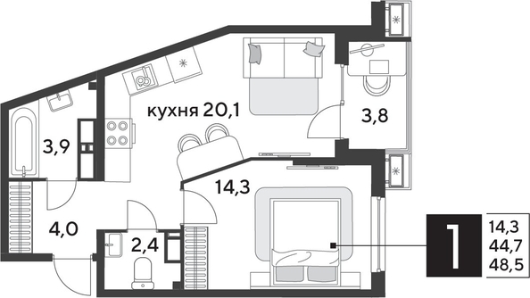 
  Продается 1-комн. квартира 48.8 м², в ЖК Парк Победы 2, литера 28. Фото 1.