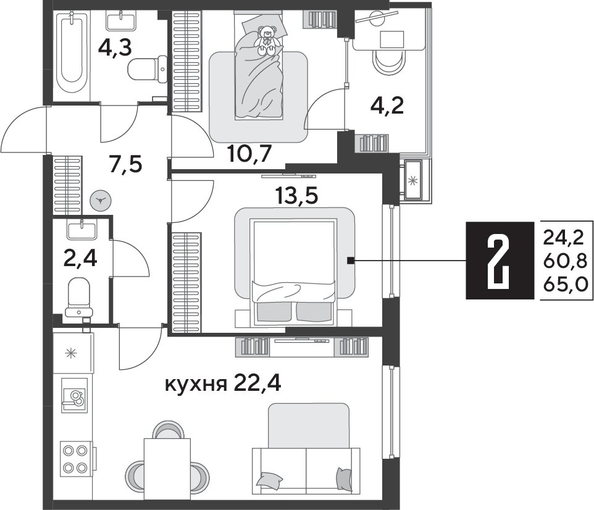 
  Продается 2-комн. квартира 65.2 м², в ЖК Парк Победы 2, литера 28. Фото 1.