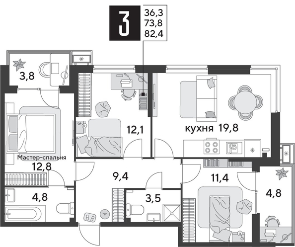 
  Продается 3-комн. квартира 83.2 м², в ЖК Парк Победы 2, литера 31. Фото 1.