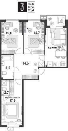 
  Продается 3-комн. квартира 93.5 м², в ЖК Парк Победы 2, литера 31. Фото 1.