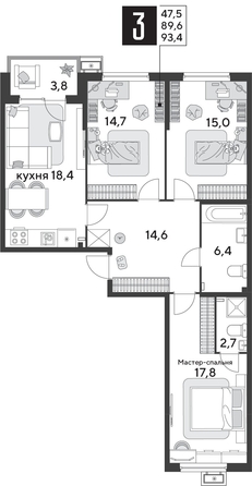 
  Продается 3-комн. квартира 93.5 м², в ЖК Парк Победы 2, литера 31. Фото 1.