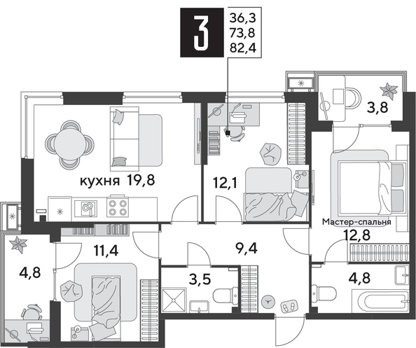 
  Продается 3-комн. квартира 82.9 м², в ЖК Парк Победы 2, литера 31. Фото 1.