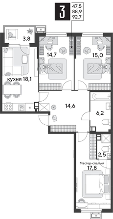 
  Продается 3-комн. квартира 92.7 м², в ЖК Парк Победы 2, литера 31. Фото 1.