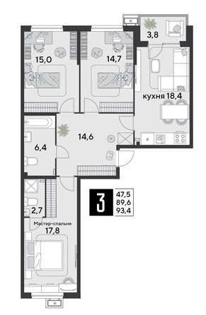 
  Продается 3-комн. квартира 93.7 м², в ЖК Парк Победы 2, литера 30. Фото 1.