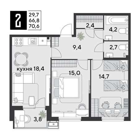 
  Продается 2-комн. квартира 71.2 м², в ЖК Парк Победы 2, литера 30. Фото 1.